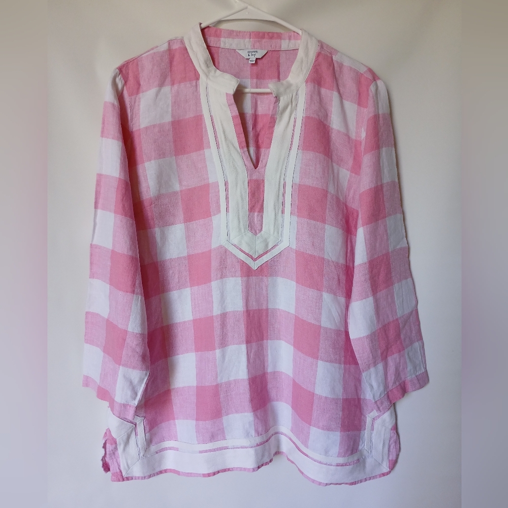 Crown & Ivy Womens Tunic Top 100% Linen Size L Color Pink & White Checkered